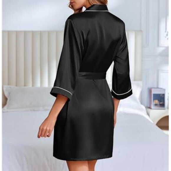 Black Silky Satin Robe for Women Knee Length Bride Bridesmaid Holiday - Picture 5 of 6